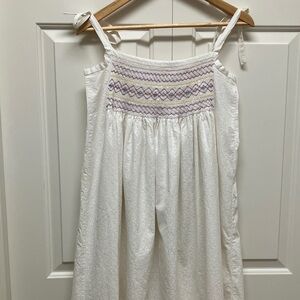 Vintage handmade smocked long nightgown with shoulder ties, white, M